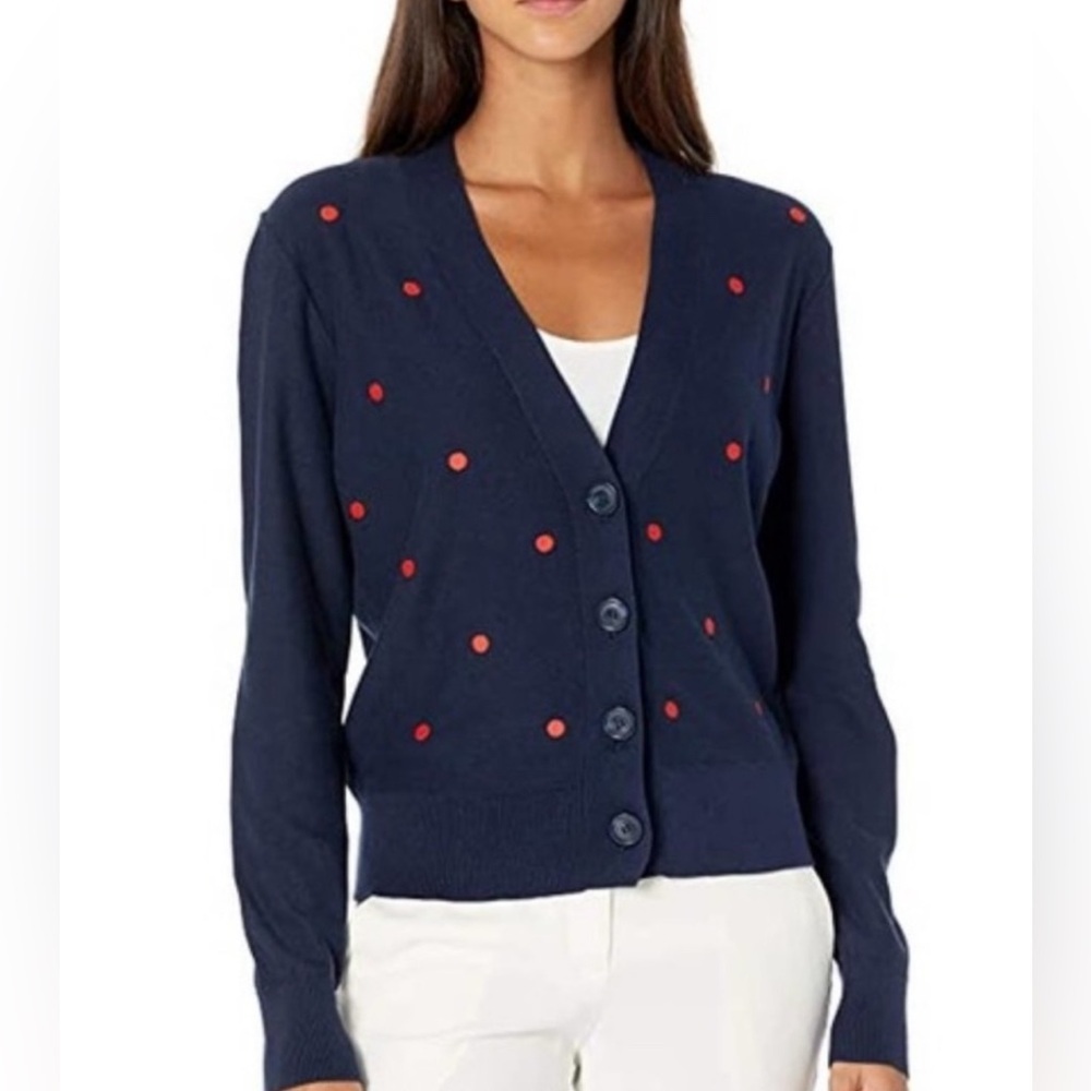 J.Crew Women's Polka Dot Button Front Cardigan SZ M Navy Blue  100% Cotton